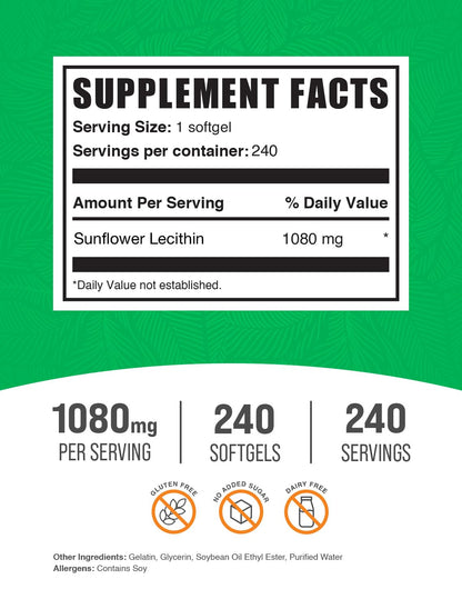 BulkSupplements non soy phospholipid supplement nutrition facts and ingredient list label view.