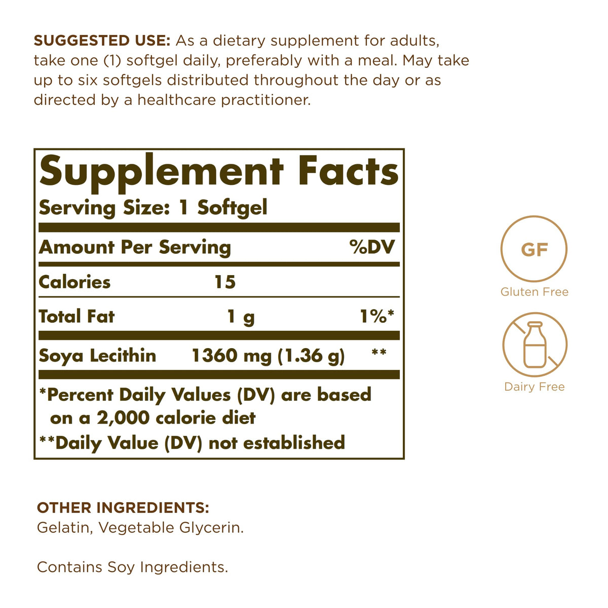 Solgar Soya Lecithin 1360 milligrams softgels supplement label ingredient details