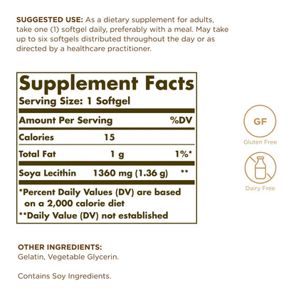 Solgar Soya Lecithin unbleached softgels dietary supplement ingredient label and nutritional facts
