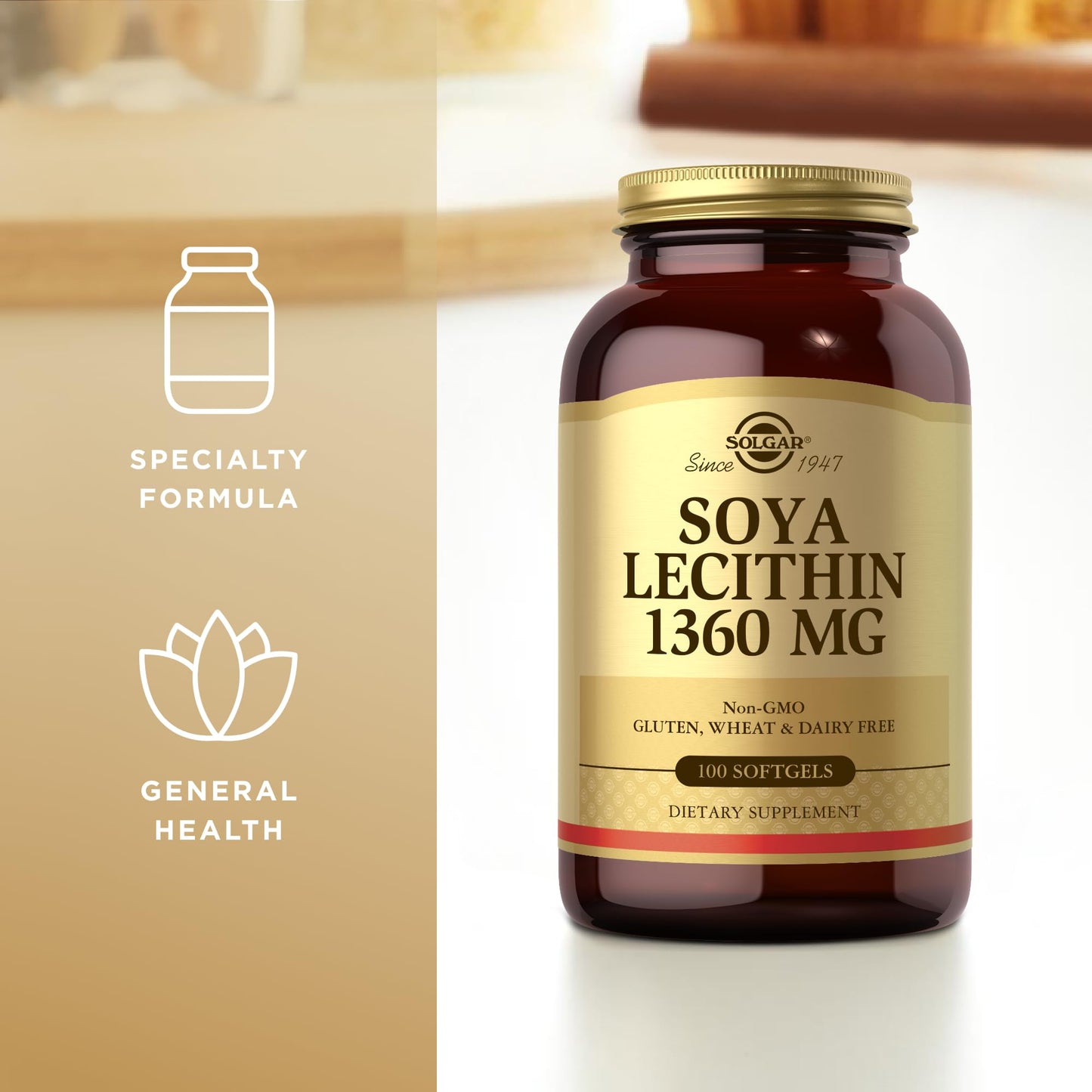 Authentic Solgar Soya Lecithin 100 servings packaging highlights for cognitive and liver health