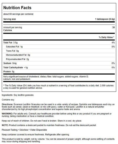 Back label view of Swanson non GMO lecithin supplement showing nutrition facts and directions.
