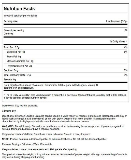 Back label view of Swanson non GMO lecithin supplement showing nutrition facts and directions.