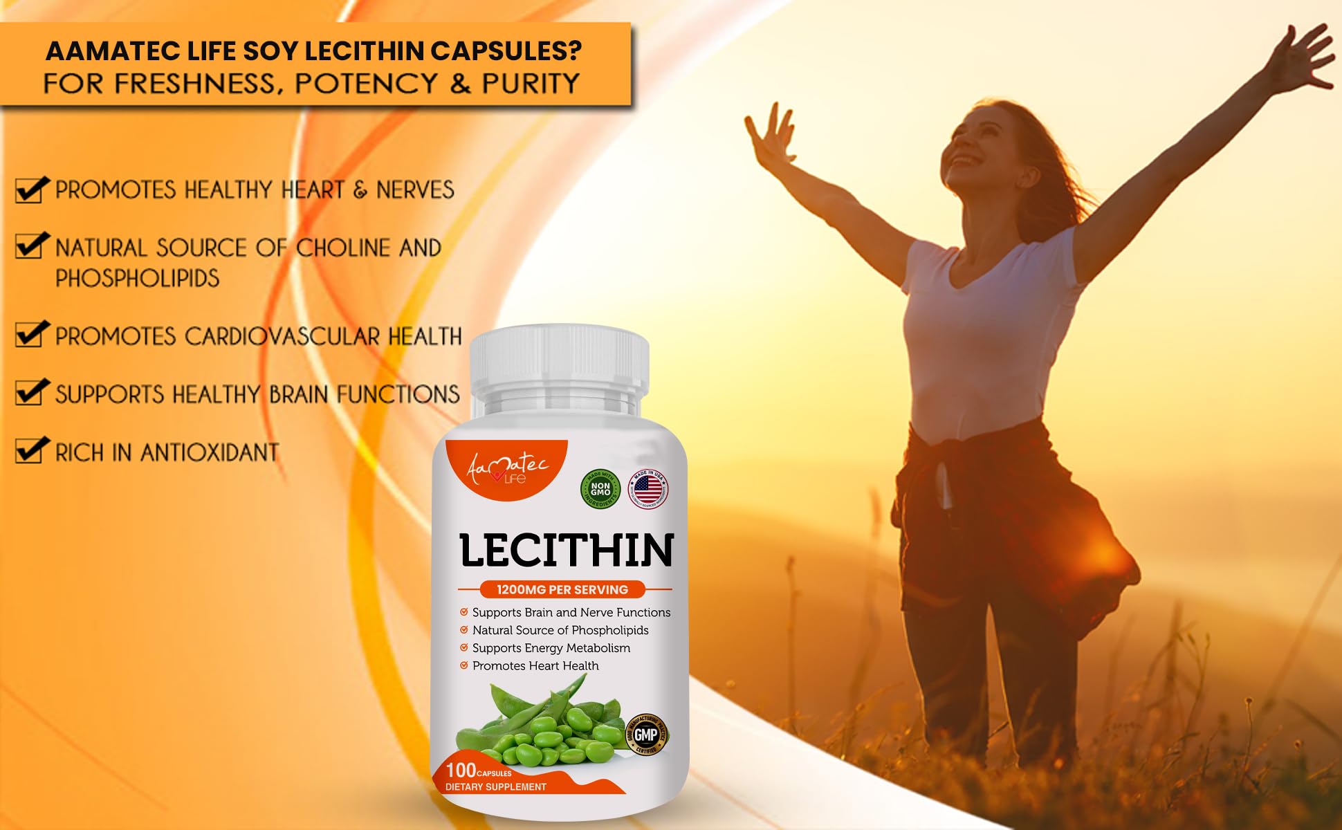 Aamatec Life unflavored soy lecithin dietary supplement bottle highlighting non-GMO and made in USA certifications