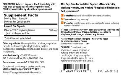 SFI Health Phosphatidyl Serine dietary supplement packaging and allergen free text