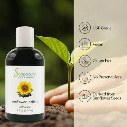 Back label of Soapeauty unbleached sunflower lecithin highlighting ingredient safety and United States origin