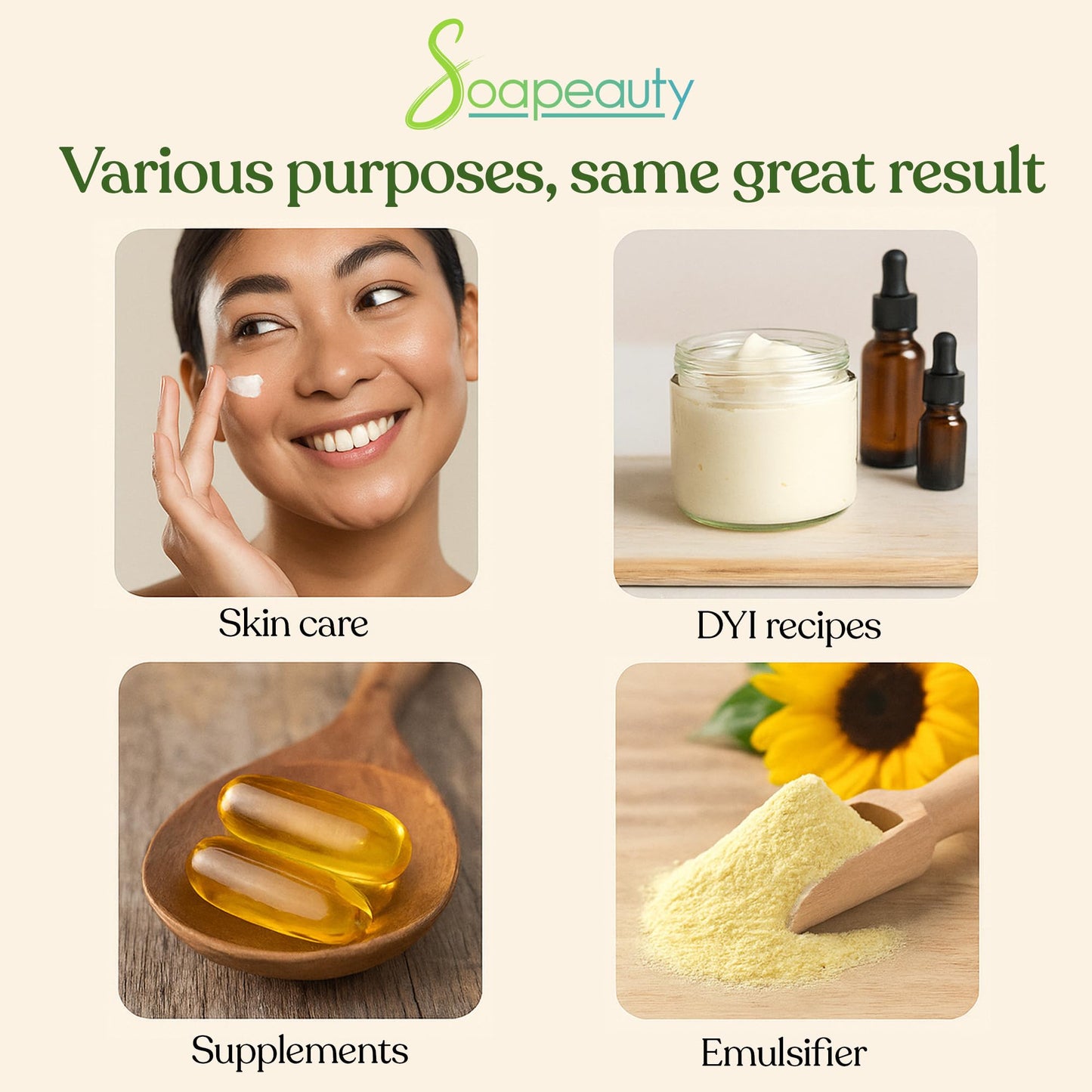 An institutional bottle of Soapeauty premium liquid lecithin used for DIY cosmetic soap making and clean skincare