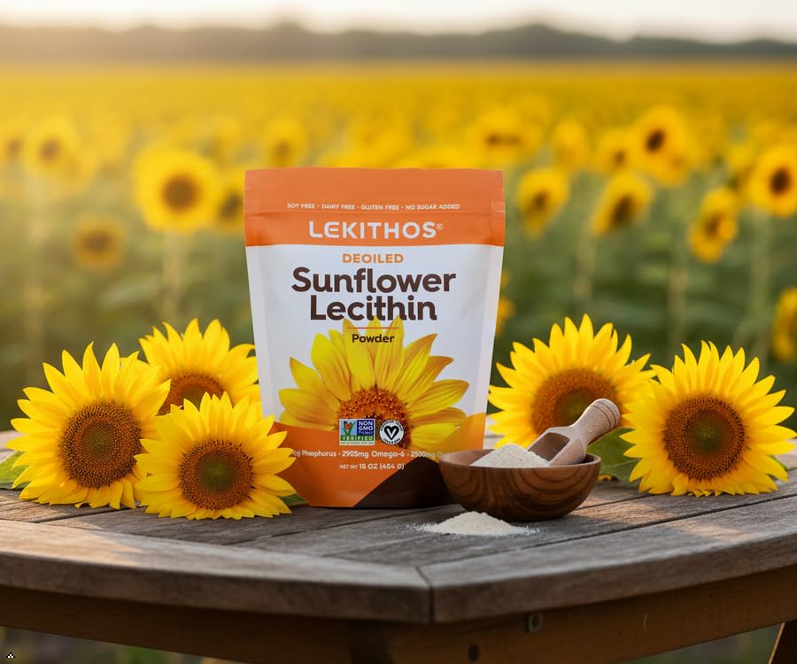 Lekithos sunflower lecithin powder jar in kitchen setting