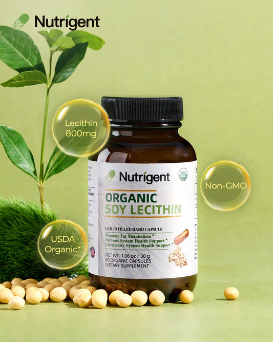 Nutrigent Soy Lecithin 60 liquid capsules supplement facts label and ingredient details.