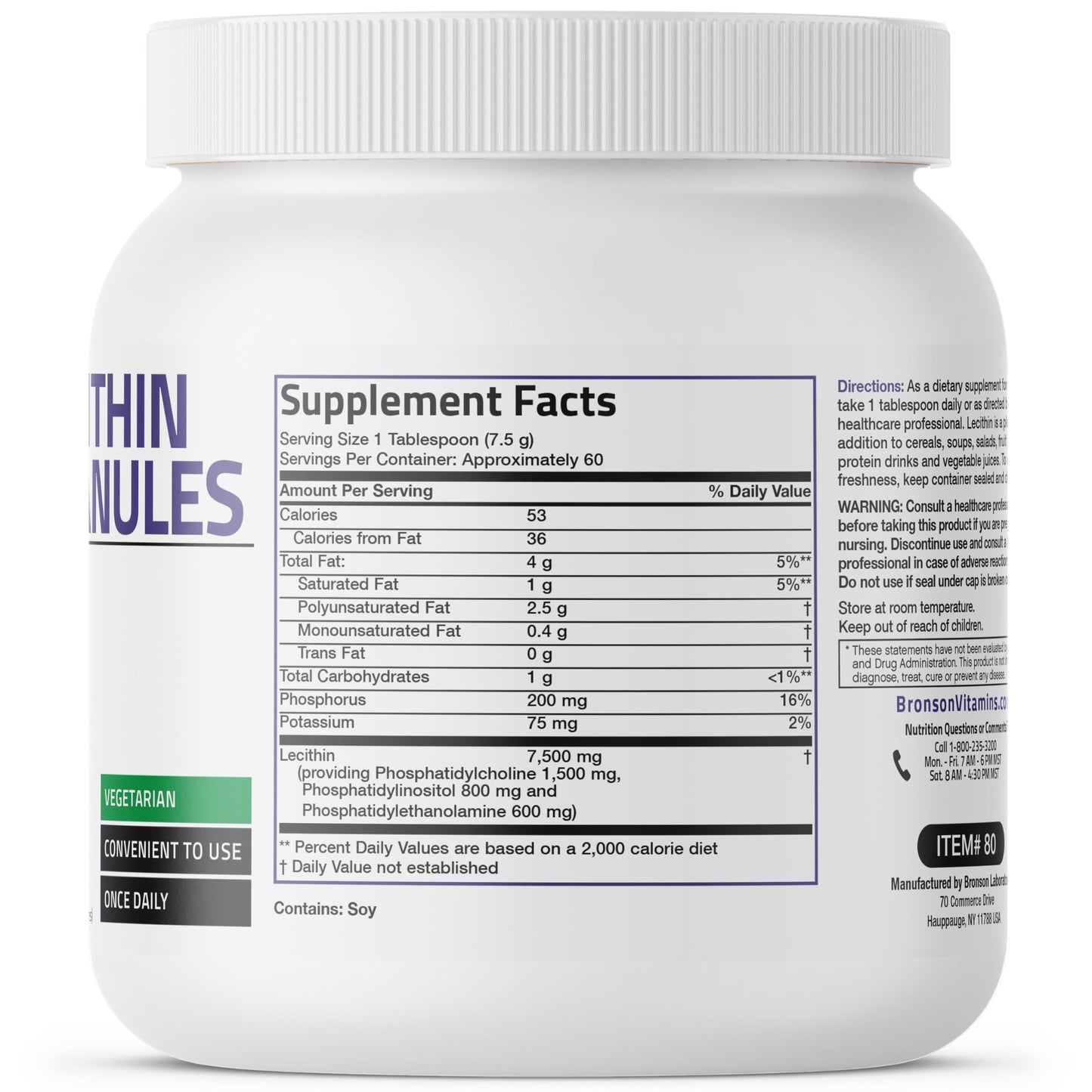 Bronson Soy Phosphatidyl Choline powder container displaying nutritional supplement facts