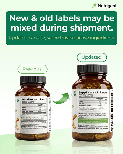 Authentic USA imported Nutrigent soy lecithin 800mg supplement bottle for daily liver detox.