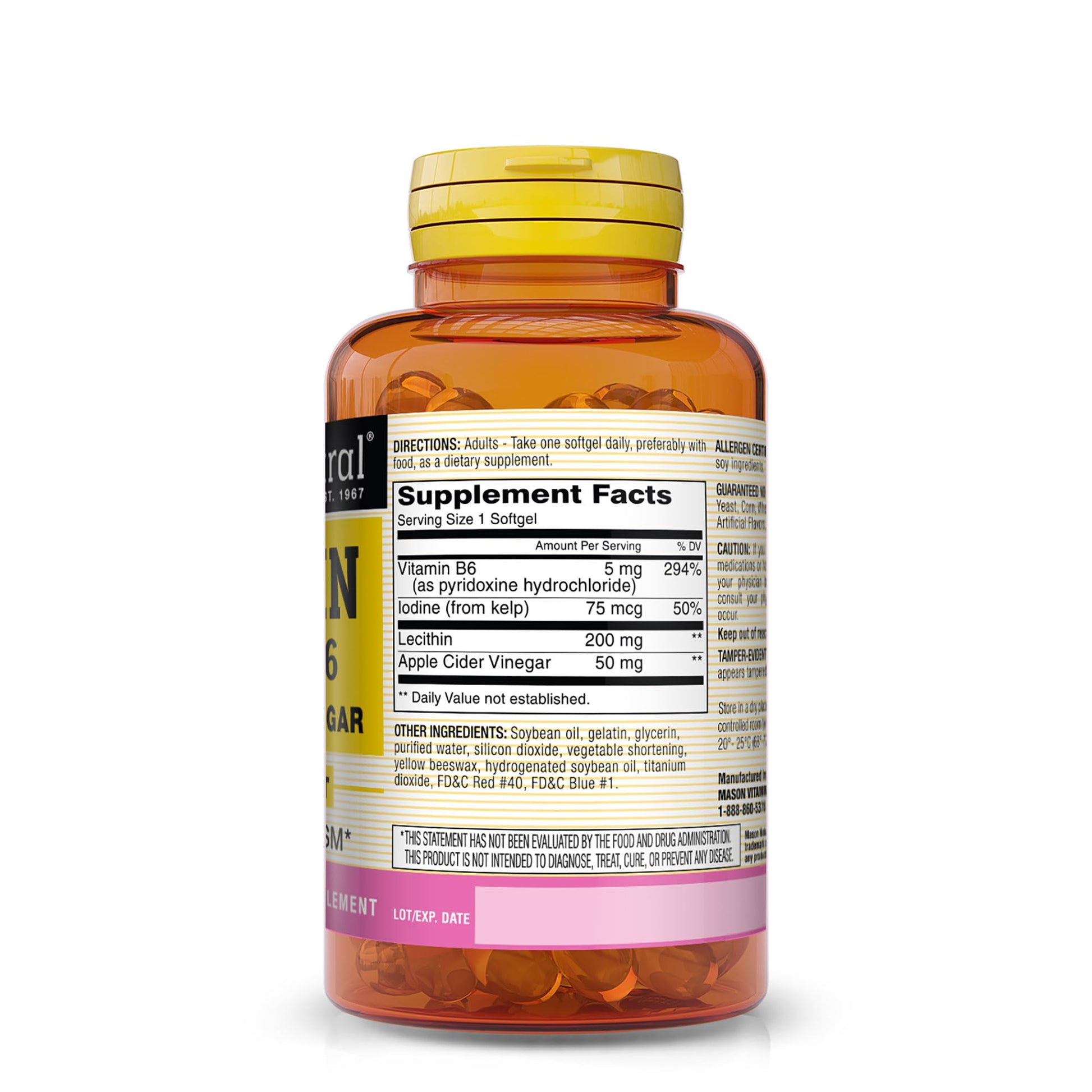Mason Natural dual action dietary supplement softgels nutritional information and ingredients label side view