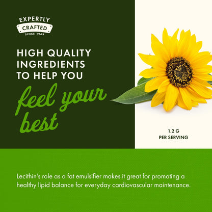Authentic Swanson brand sunflower lecithin bottle showing brain and liver support benefits