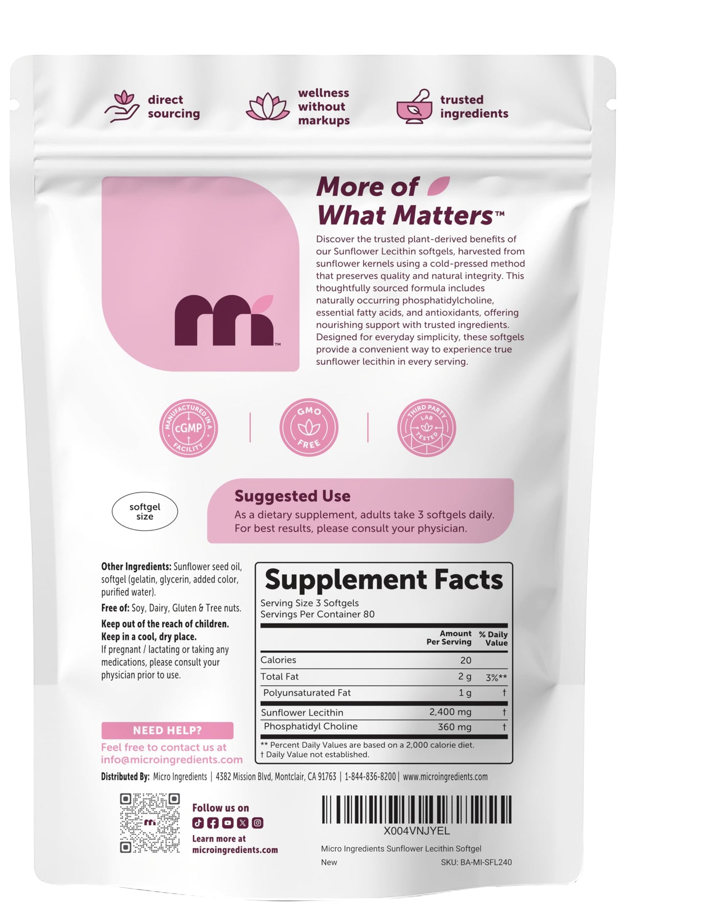 Micro Ingredients double strength sunflower lecithin softgels packaging showing 240 count size