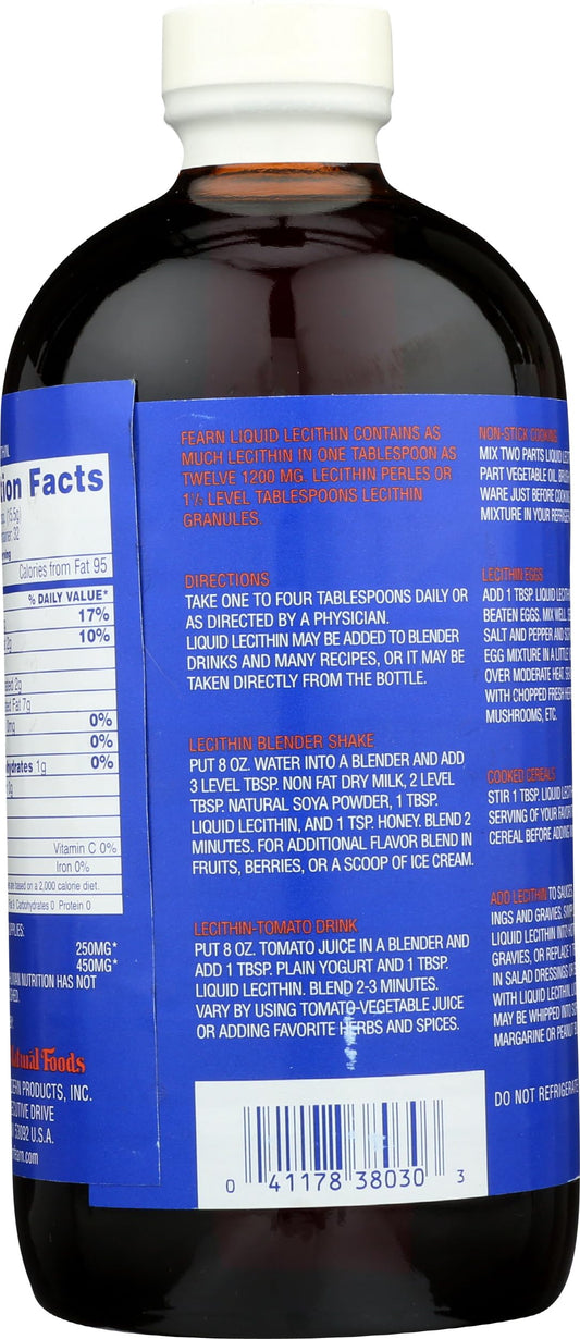 Back label of Fearn unbleached soy lecithin liquid highlighting supplement facts and ingredient profile.