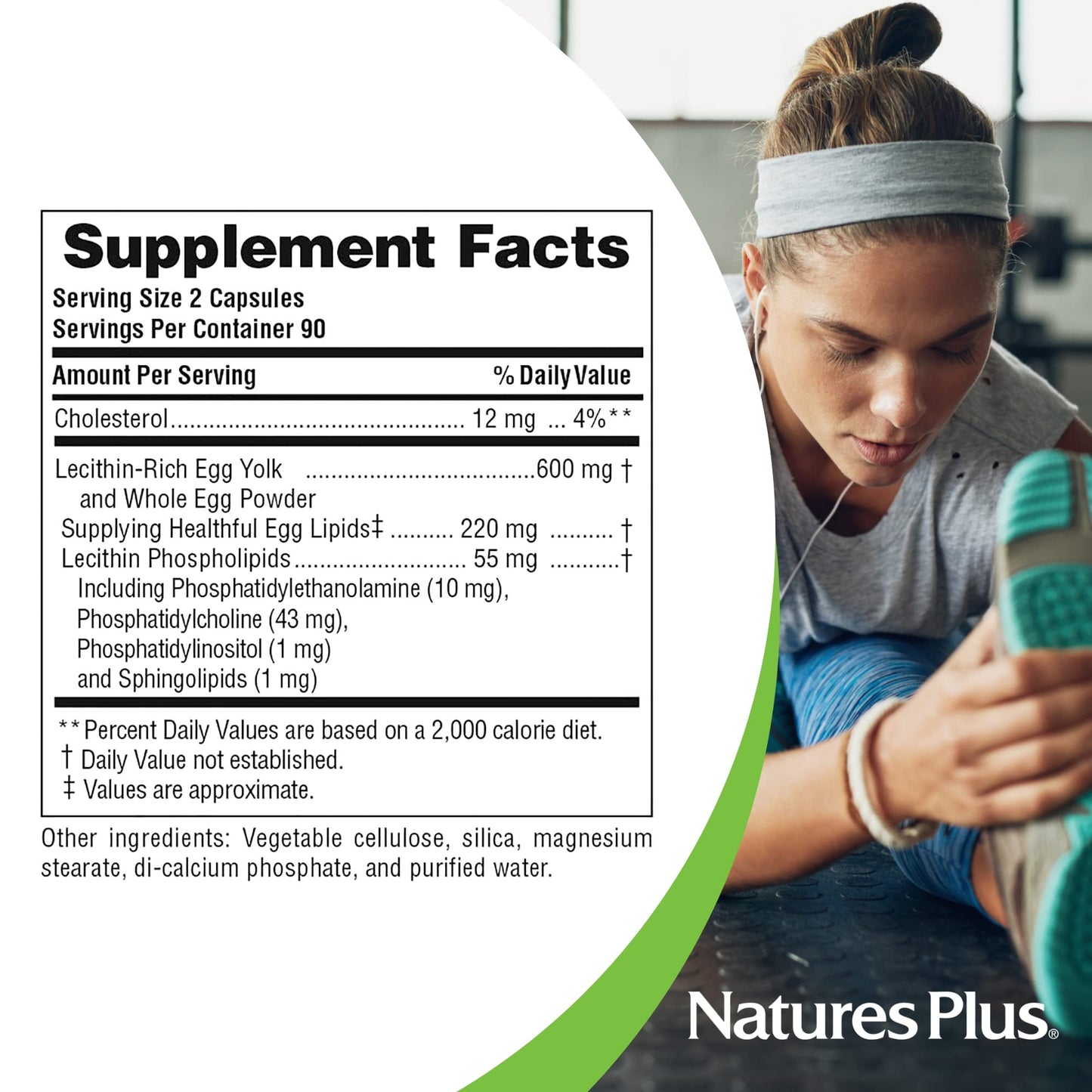 Close up of NaturesPlus soy free egg lipids 600 mg capsules packaging showing clear directions for daily use