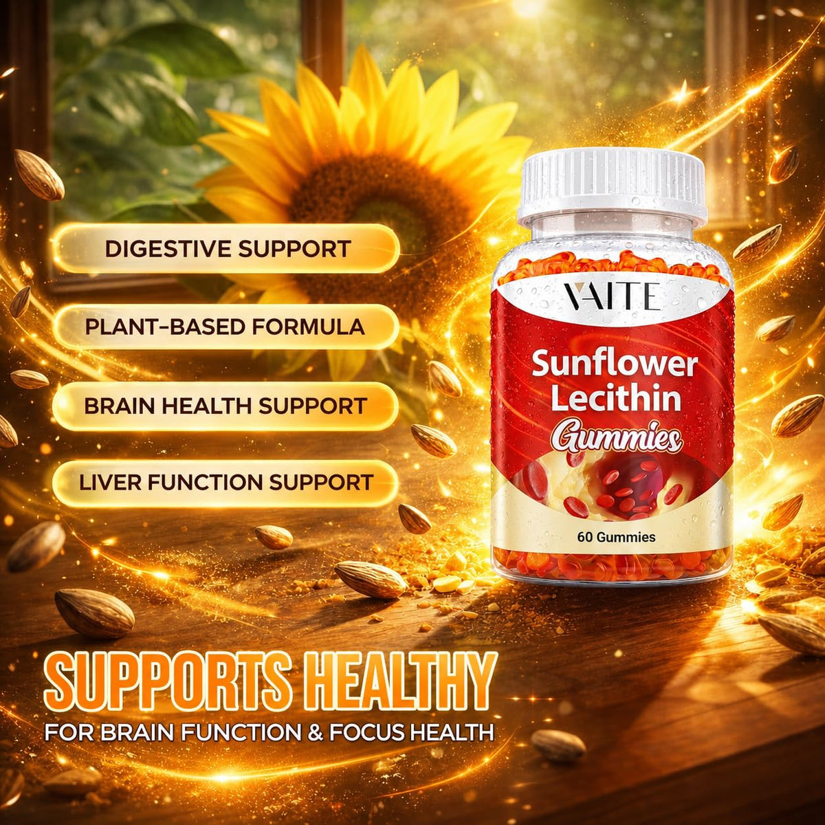 VAITE 800mg sunflower extract vegan chews bottle showing dietary attributes like soy-free and gluten-free.