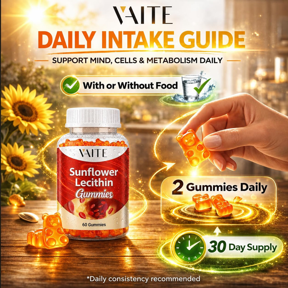 Authentic USA imported VAITE sunflower lecithin 60 count supplement bottle standing upright.