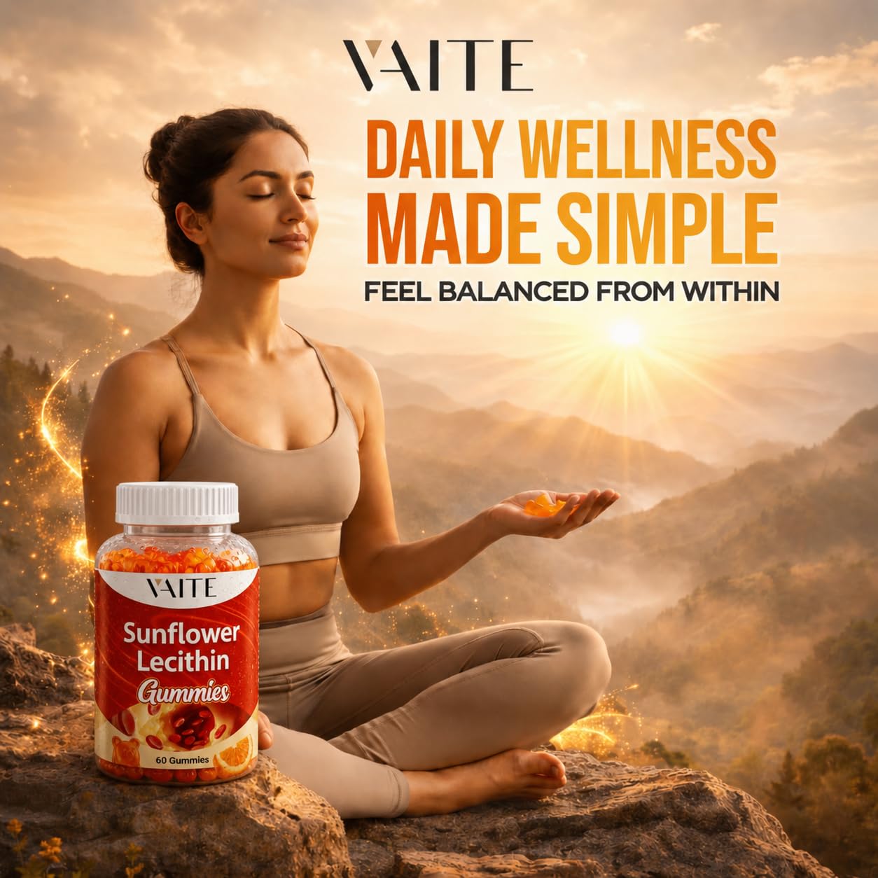 Side profile of VAITE non-GMO sunflower extract supplement highlighting the white screw top lid.