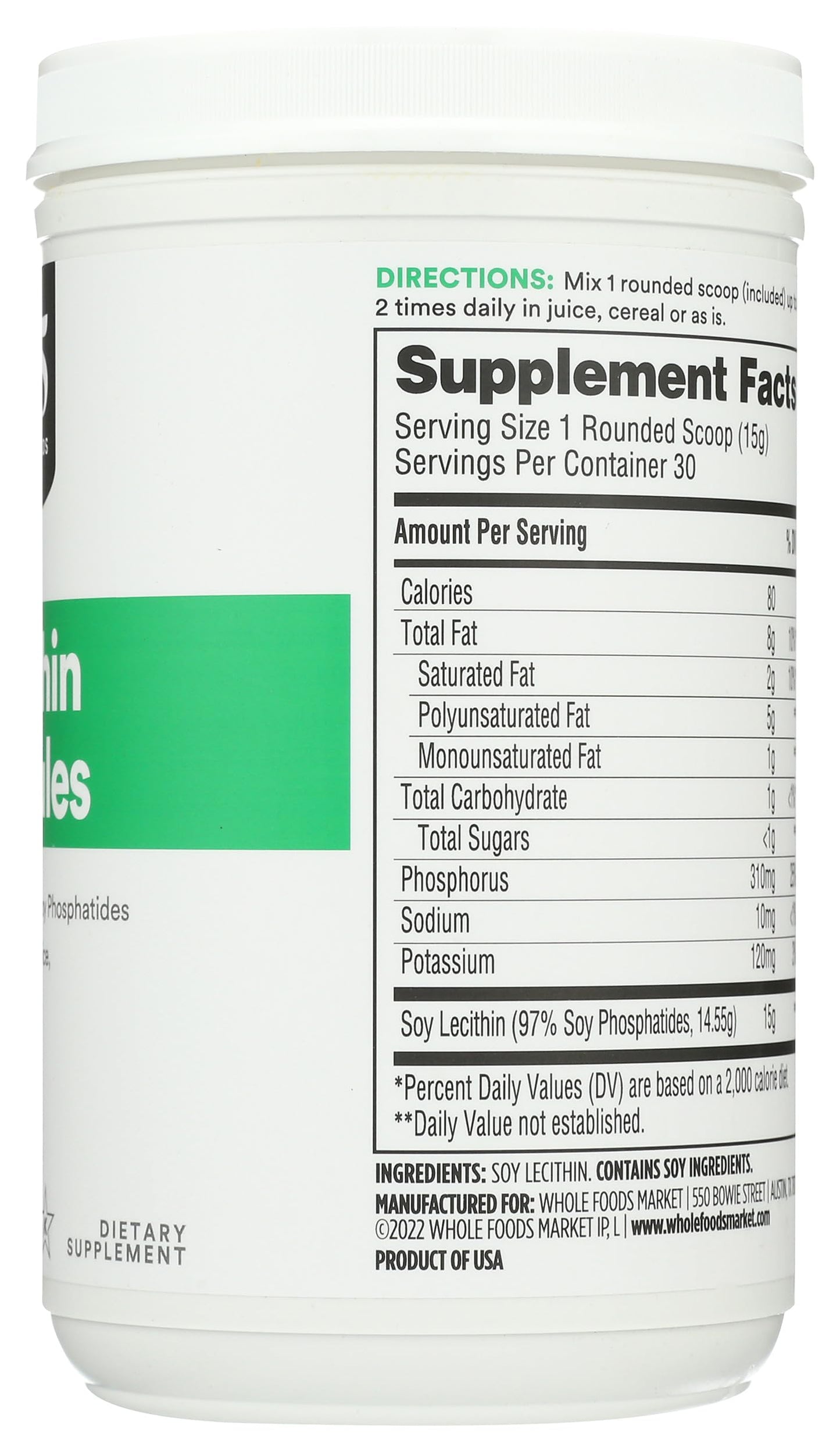 Close up of 365 Whole Foods Market plant based lecithin granules dietary supplement