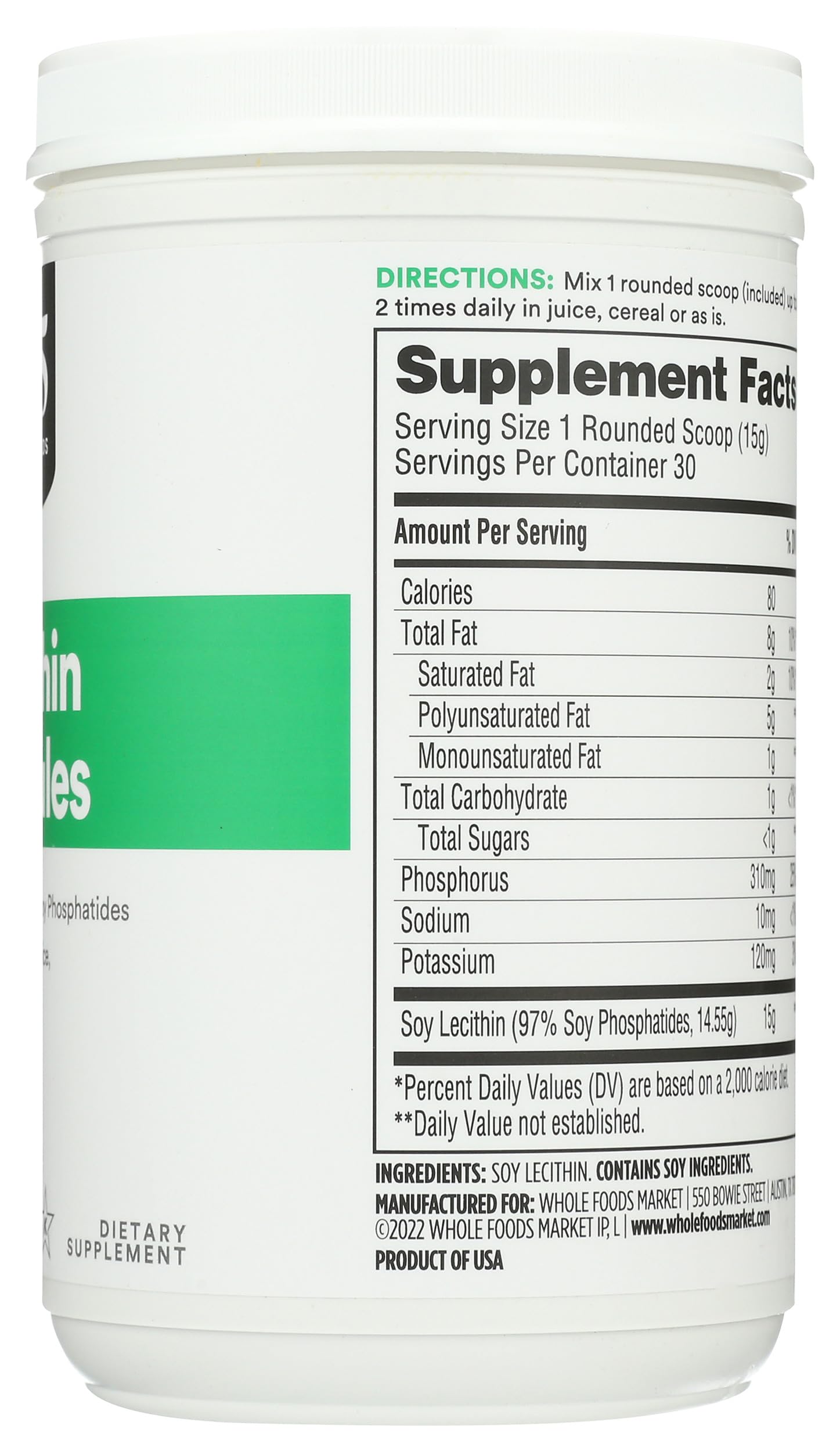 Close up of 365 Whole Foods Market plant based lecithin granules dietary supplement