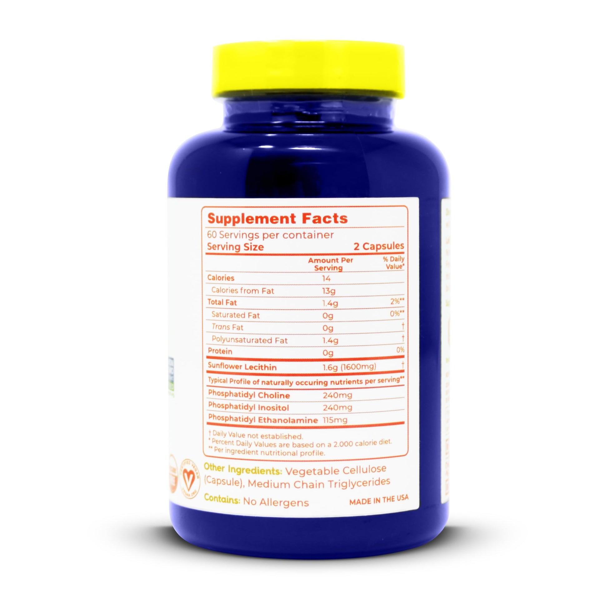 Lekithos sunflower lecithin 120 vegetarian capsules supplement facts and ingredient label