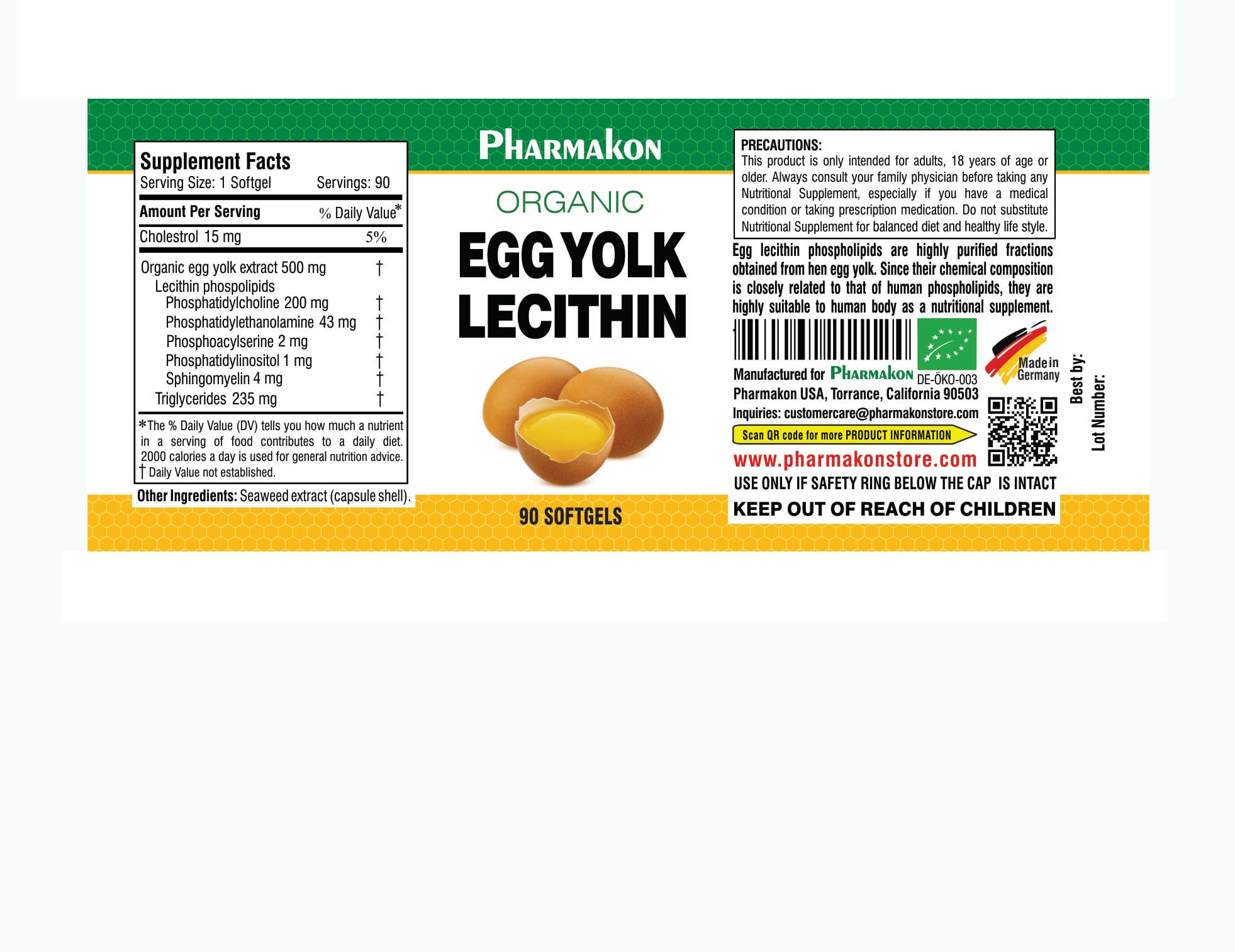 Pharmakon egg yolk phospholipid softgels bottle back label with supplement facts
