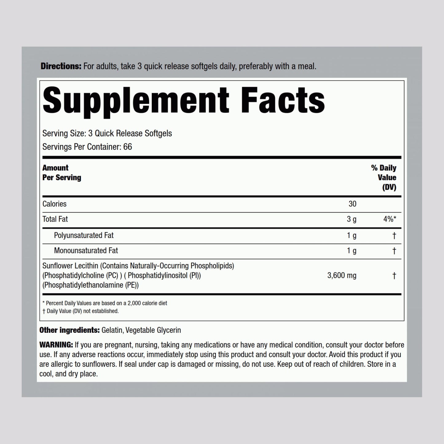 Piping Rock Sunflower Lecithin 3600mg nutritional supplement facts label close up
