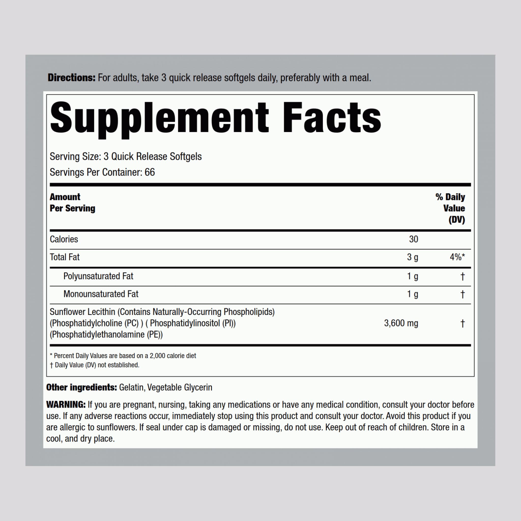Piping Rock Sunflower Lecithin 3600mg nutritional supplement facts label close up