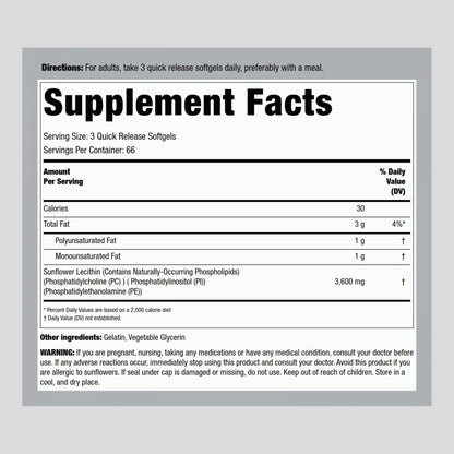 Piping Rock Sunflower Lecithin 3600mg nutritional supplement facts label close up