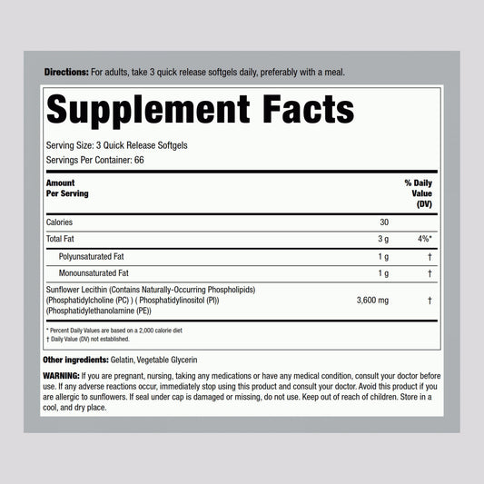 Piping Rock Sunflower Lecithin 3600mg nutritional supplement facts label close up