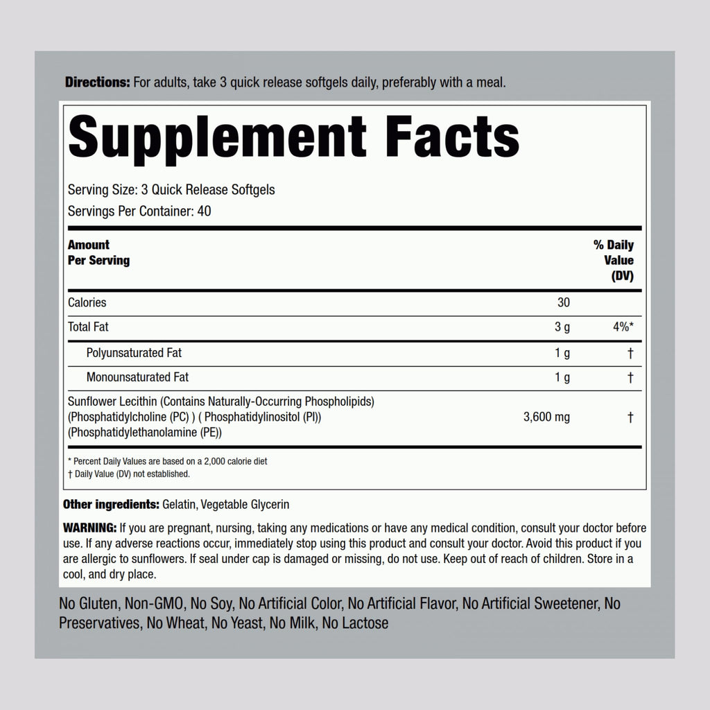 Piping Rock Sunflower Lecithin 3600mg capsules close-up showing quick-release softgel texture