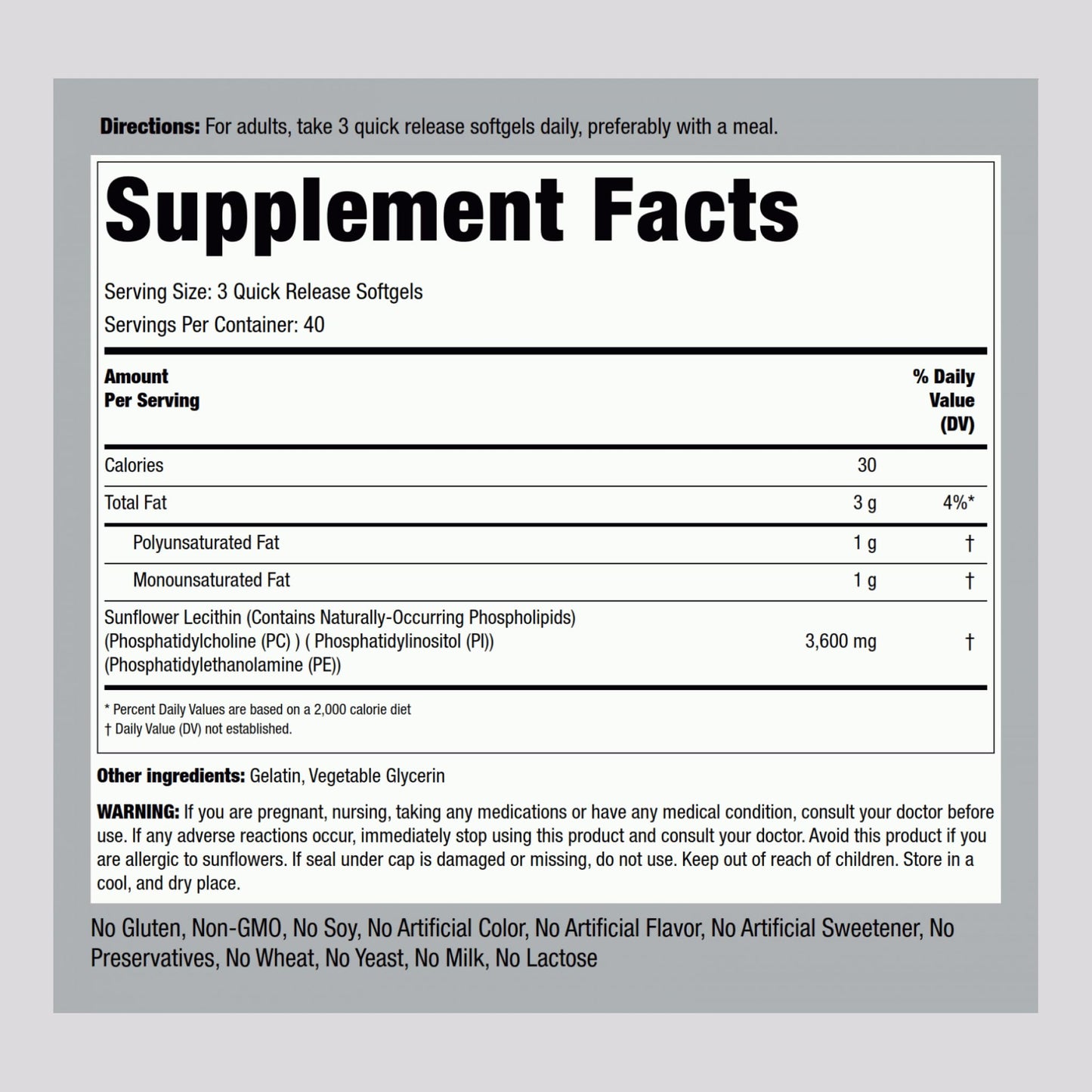 Piping Rock Sunflower Lecithin 3600mg capsules close-up showing quick-release softgel texture