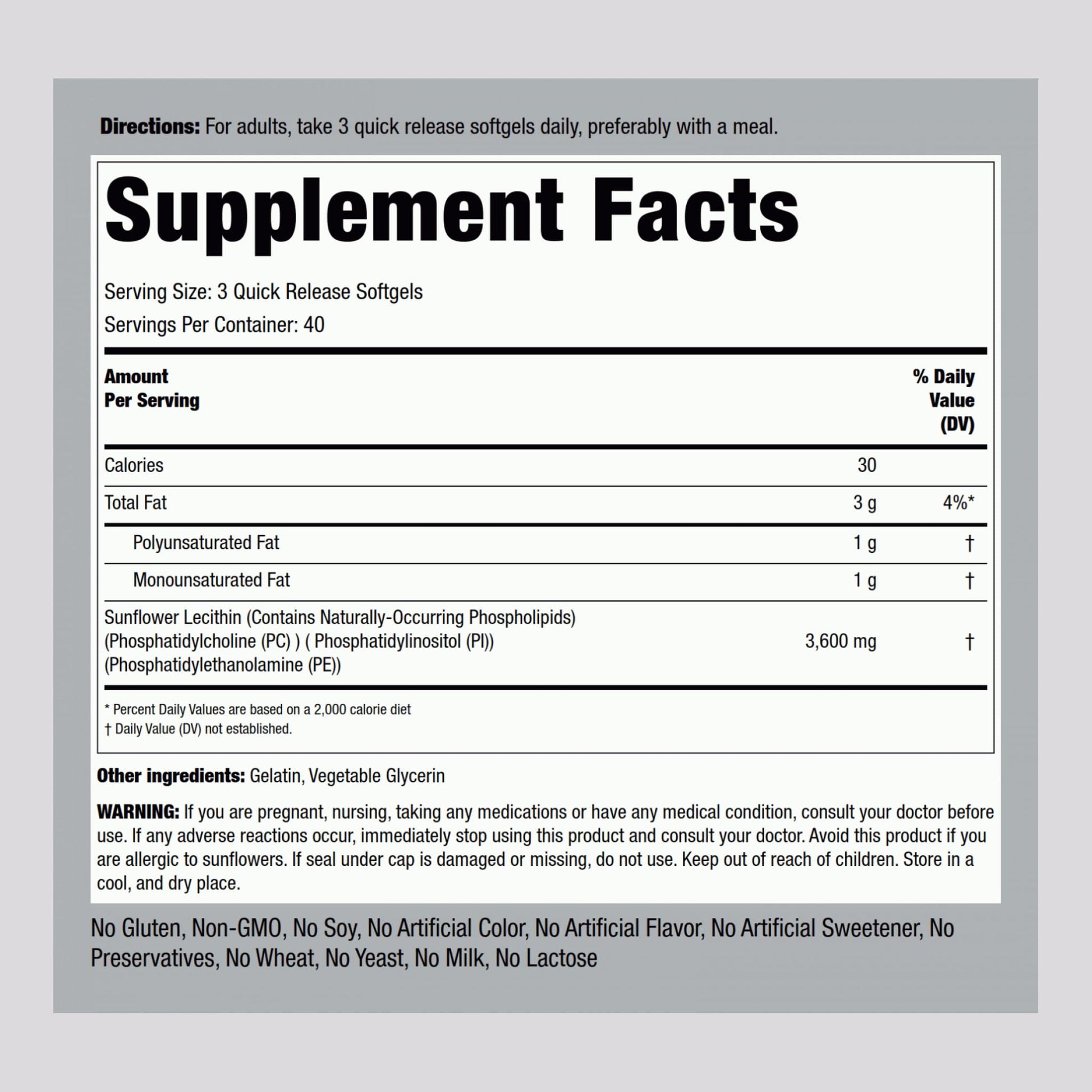 Piping Rock Sunflower Lecithin 3600mg capsules close-up showing quick-release softgel texture