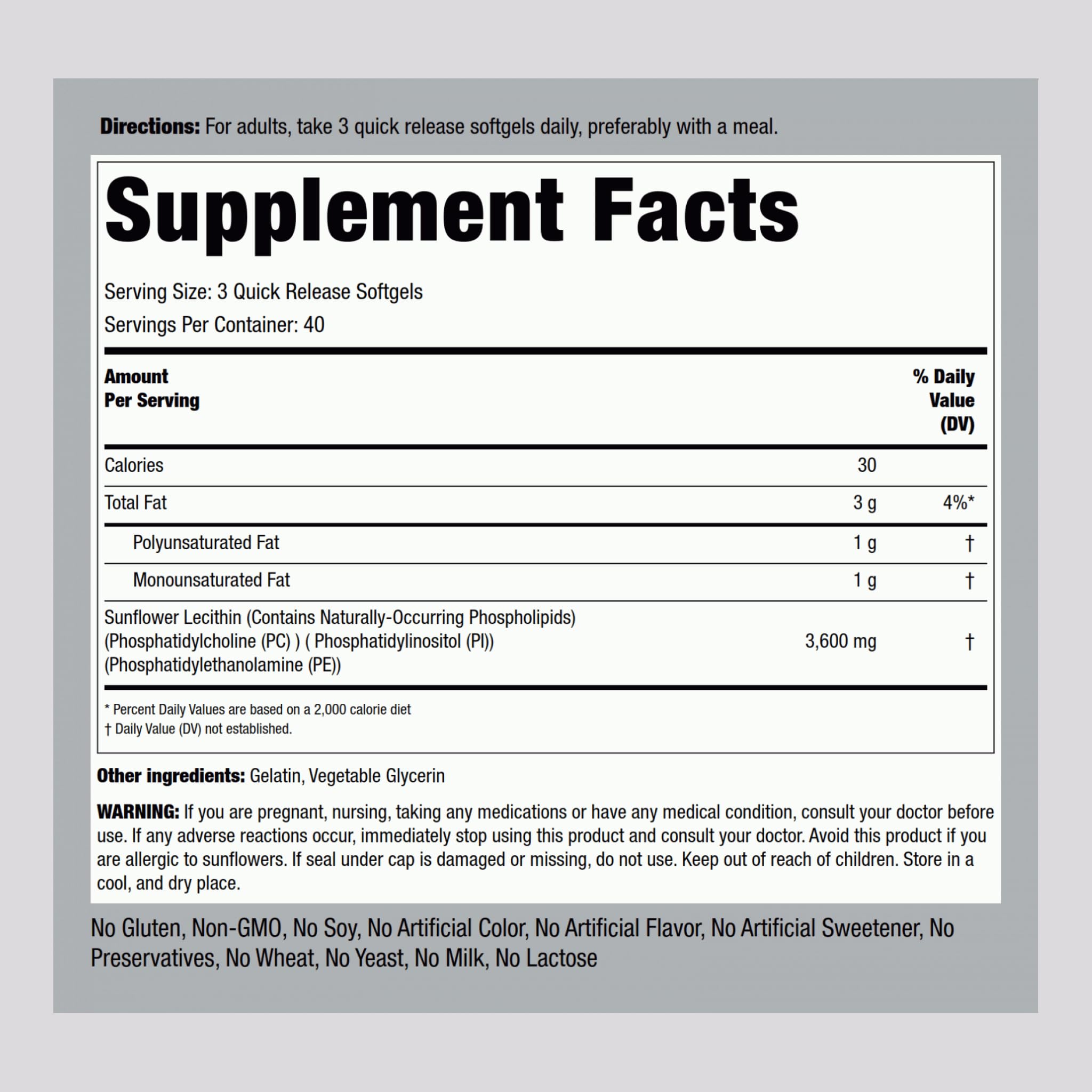 Piping Rock Sunflower Lecithin 3600mg capsules close-up showing quick-release softgel texture