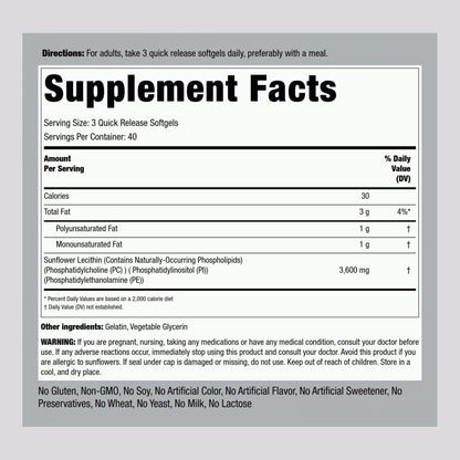 Piping Rock Sunflower Lecithin 3600mg capsules close-up showing quick-release softgel texture