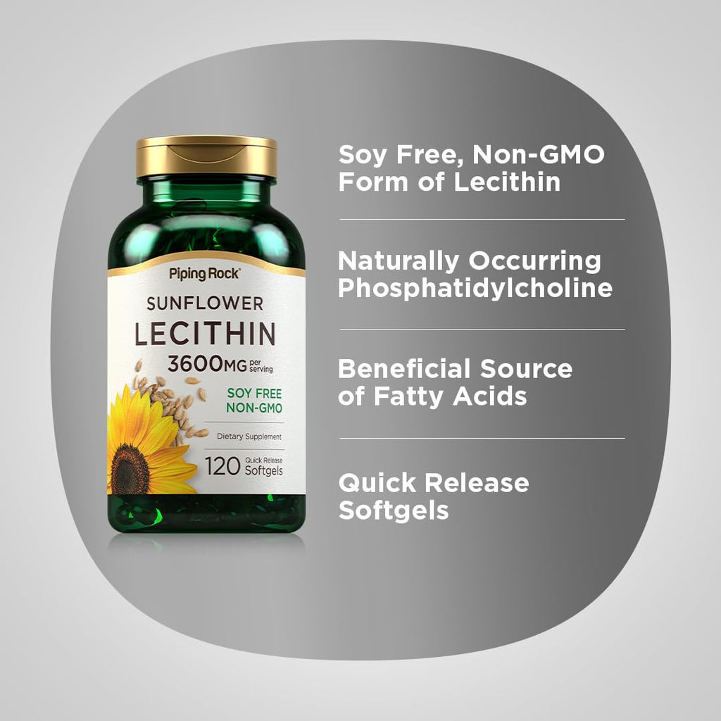 Piping Rock Sunflower Lecithin 120 softgels showing soy-free and non-gmo product seals