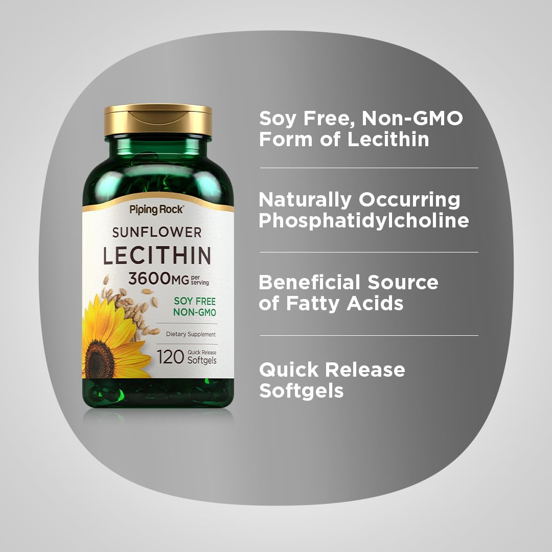 Piping Rock Sunflower Lecithin 120 softgels showing soy-free and non-gmo product seals