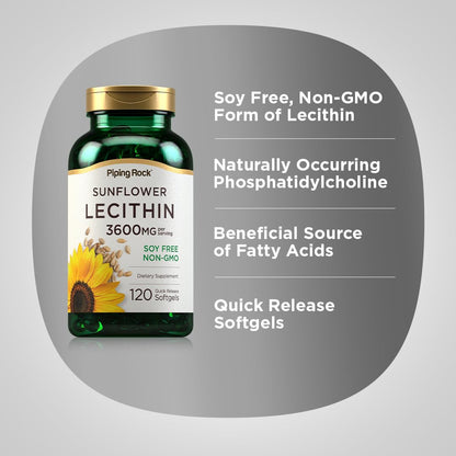 Piping Rock Sunflower Lecithin 120 softgels showing soy-free and non-gmo product seals