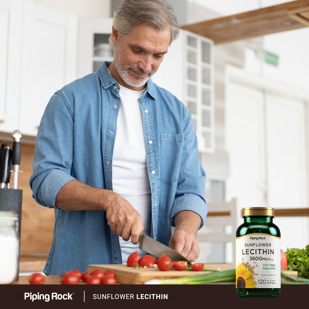 Piping Rock Sunflower Lecithin capsules container side angle emphasizing purity and safety commitments