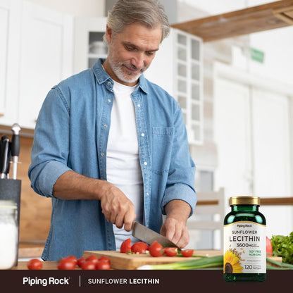 Piping Rock Sunflower Lecithin capsules container side angle emphasizing purity and safety commitments