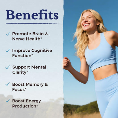 Side view of vitalitown memory support supplement indicating non-gmo and vegan certifications