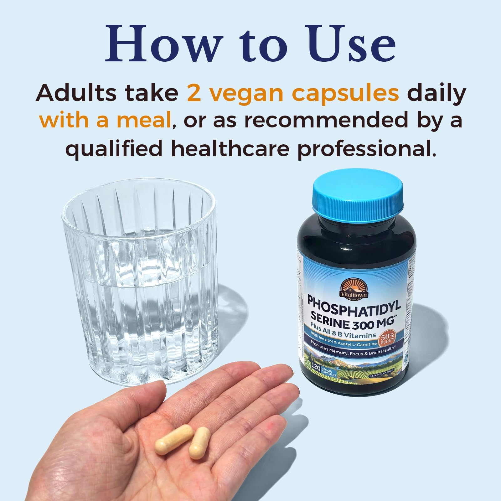 Close-up of vitalitown veggie capsules for cognitive care and mental clarity