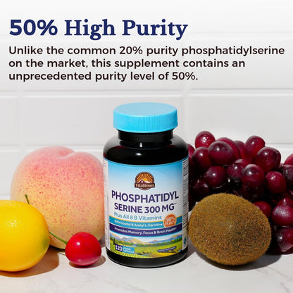 Authentic vitalitown phosphatidylserine imported bottle illustrating brain cell communication benefits