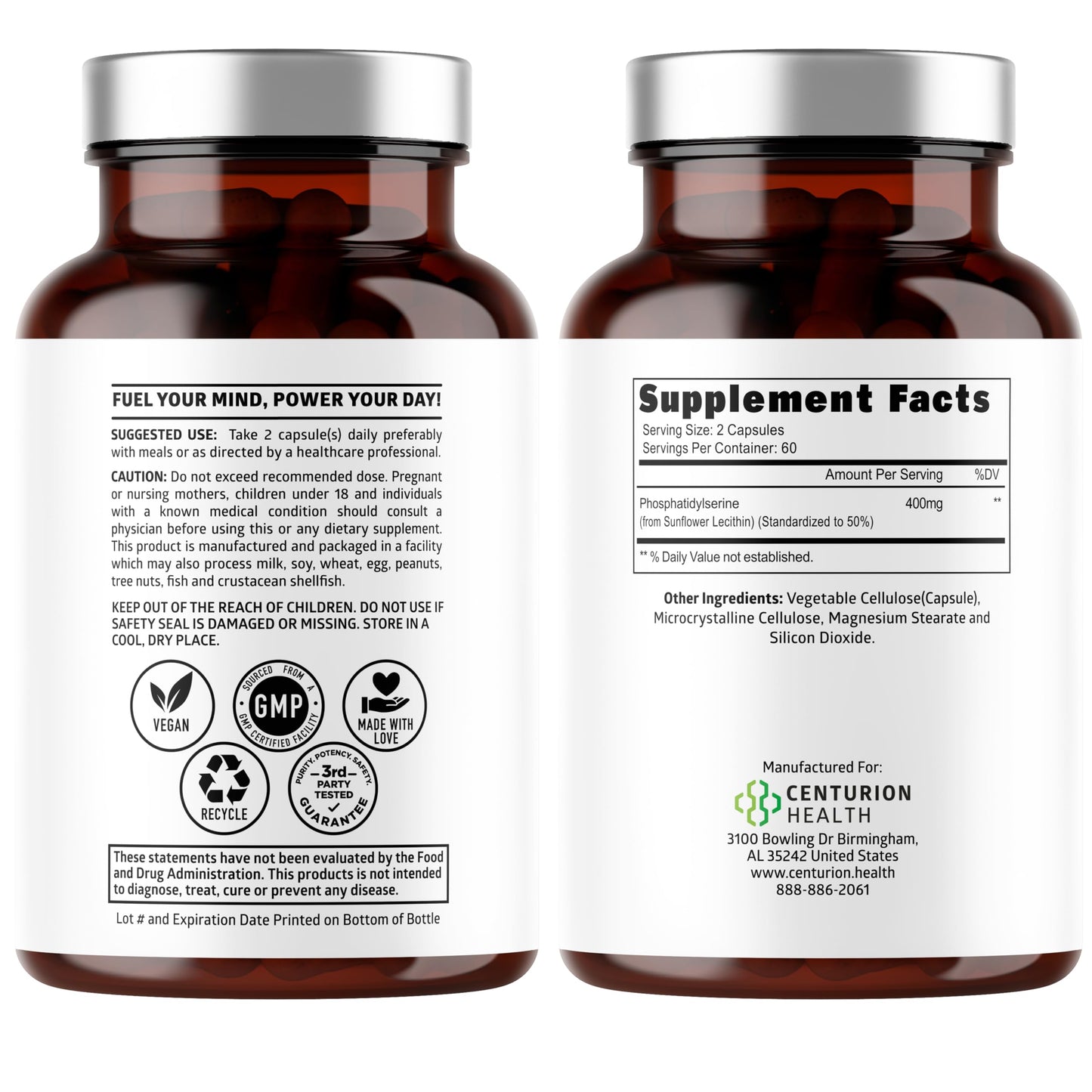 Number One Nutrition Phosphatidylserine 120 vegetarian capsules supplement label showing soy-free and non-GMO features.