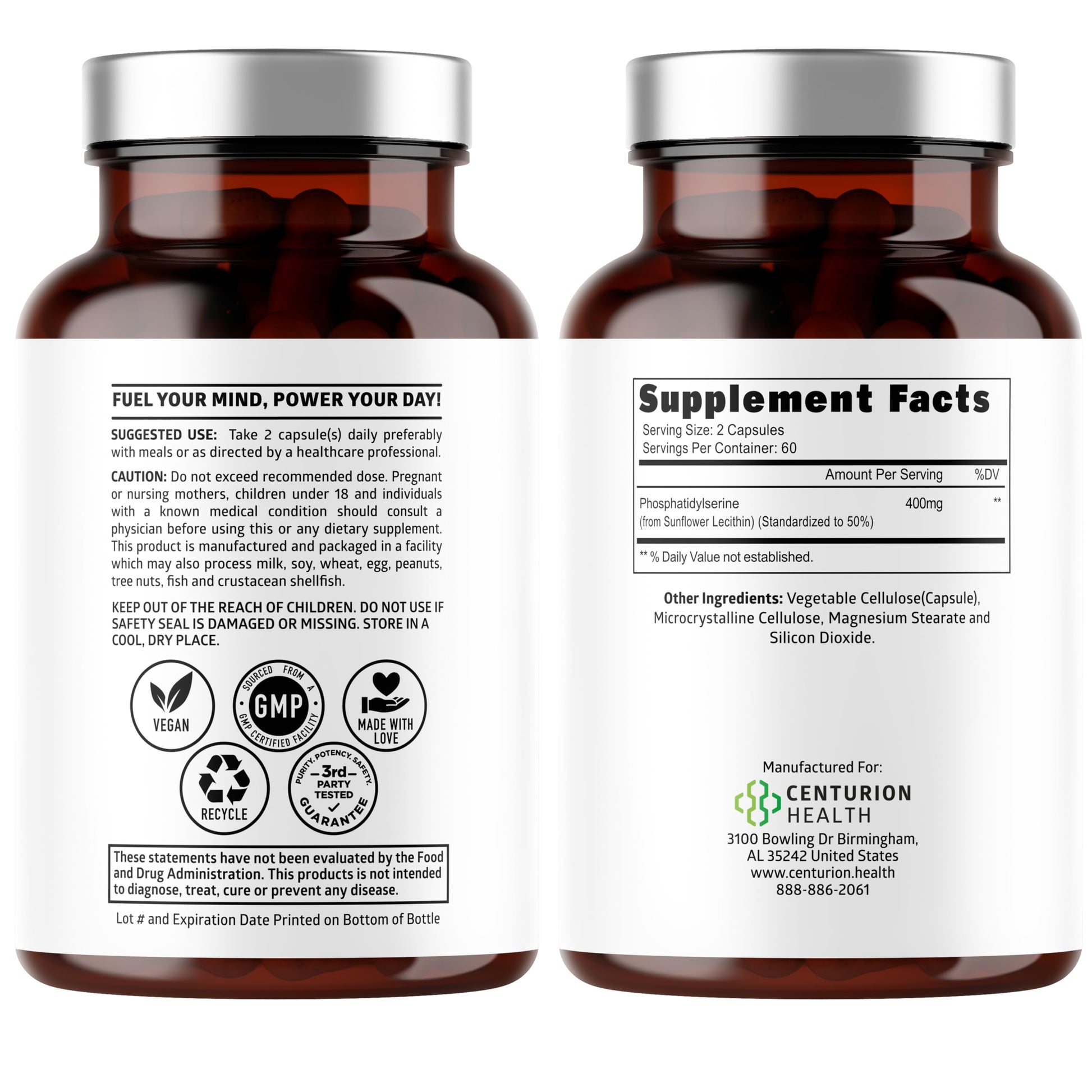 Number One Nutrition Phosphatidylserine 120 vegetarian capsules supplement label showing soy-free and non-GMO features.