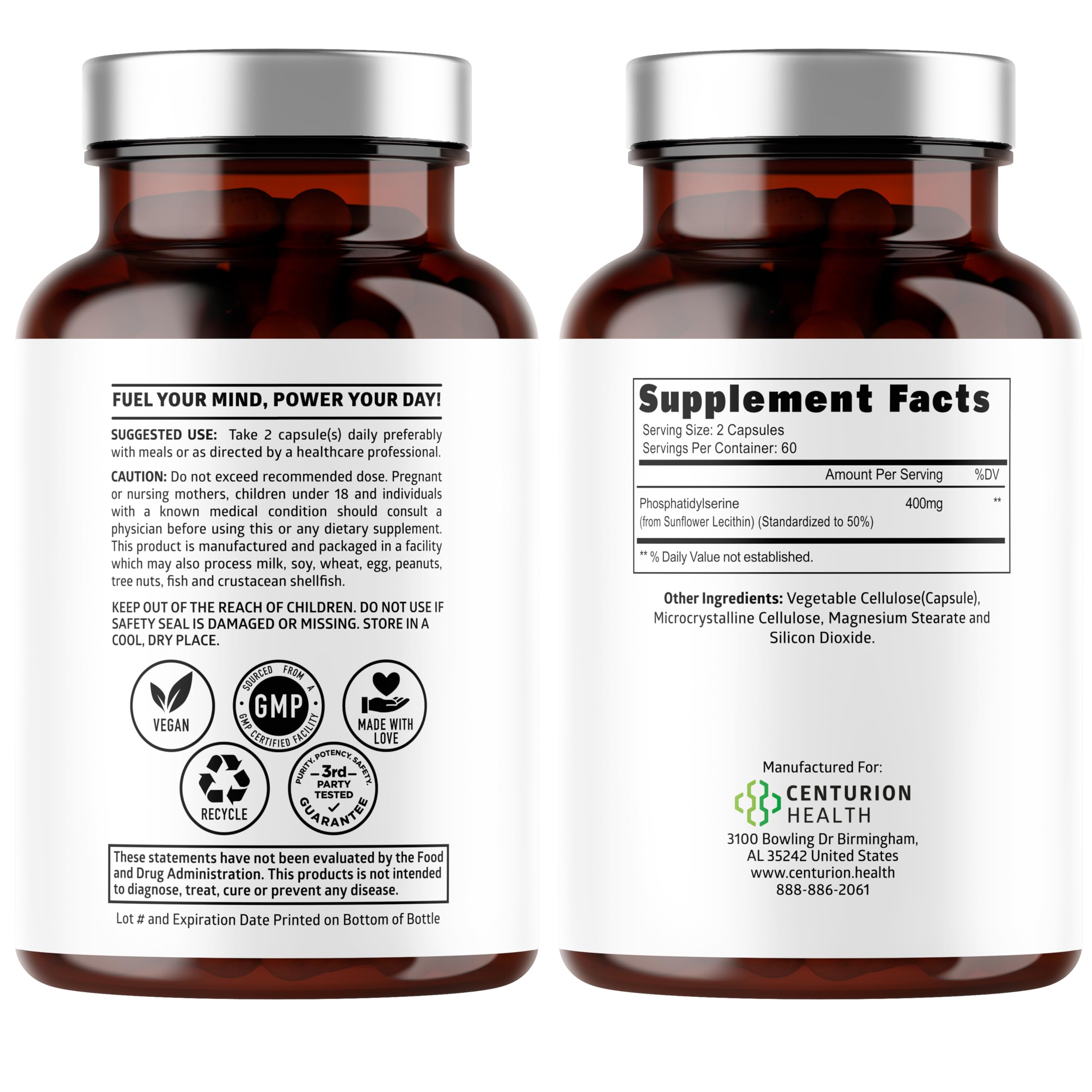 Number One Nutrition Phosphatidylserine 120 vegetarian capsules supplement label showing soy-free and non-GMO features.