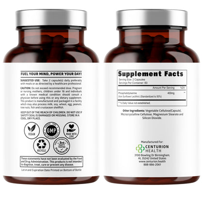Number One Nutrition Phosphatidylserine 120 vegetarian capsules supplement label showing soy-free and non-GMO features.