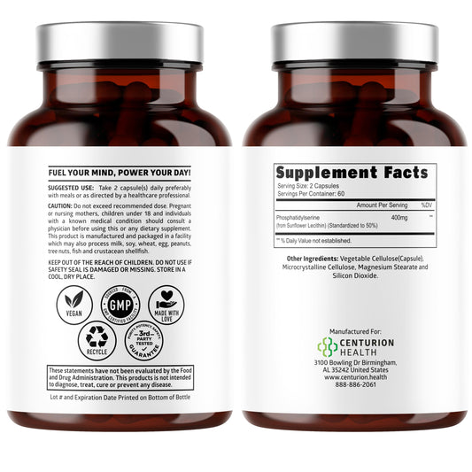 Number One Nutrition Phosphatidylserine 120 vegetarian capsules supplement label showing soy-free and non-GMO features.