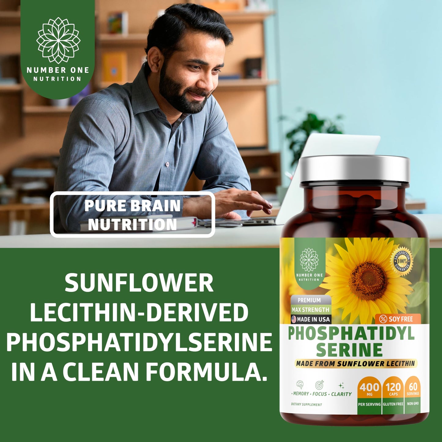 Supplement facts panel of imported Number One Nutrition phosphatidylserine 400mg from sunflower lecithin.