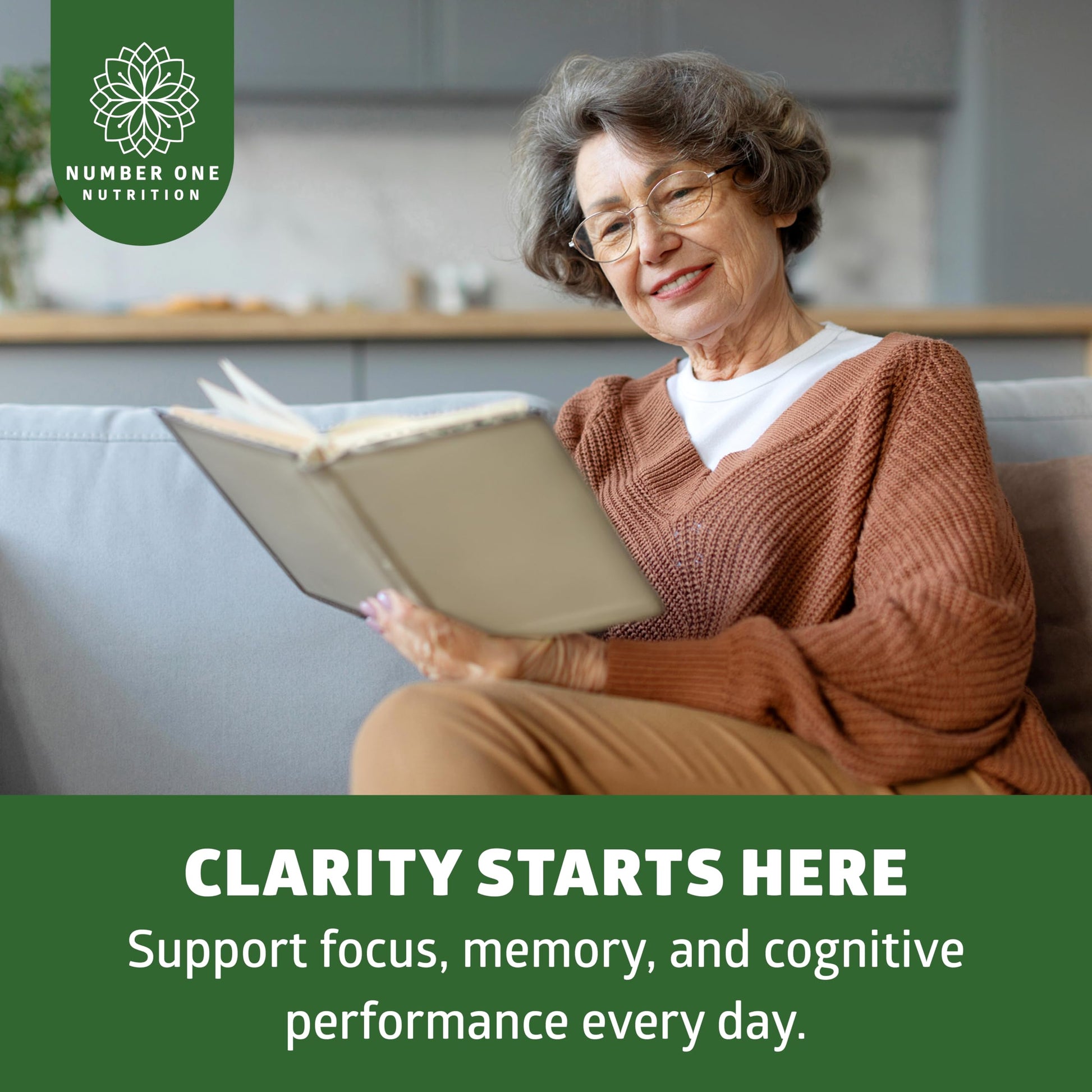 Close-up of the 120 veggie capsules bottle of Number One Nutrition cognitive support formula.